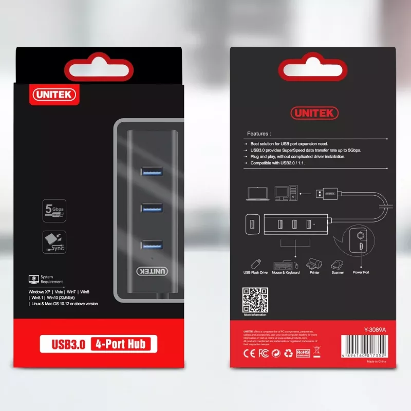 Hub interfejsowy UNITEK Y-3089 USB 3.2 Gen 1 (3.1 Gen 1) Type-A 5000 Mbit/s Czarny