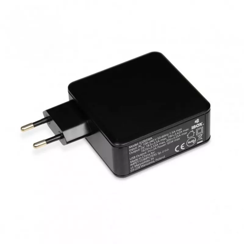 Zasilacz laptopowy IBOX IUZ65WA, AC-DC automatyczny 100–240V → 18.5–20.5V, 65W, 1×USB, czarny