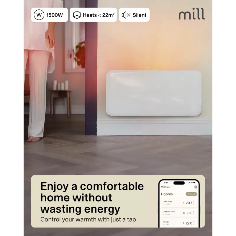 Mill WiFi Panel Heater | PA1500WIFI4A | Panel Heater | 1500 W | Odpowiedni do pomieszczeń do 22 m² | Biały | IPX4