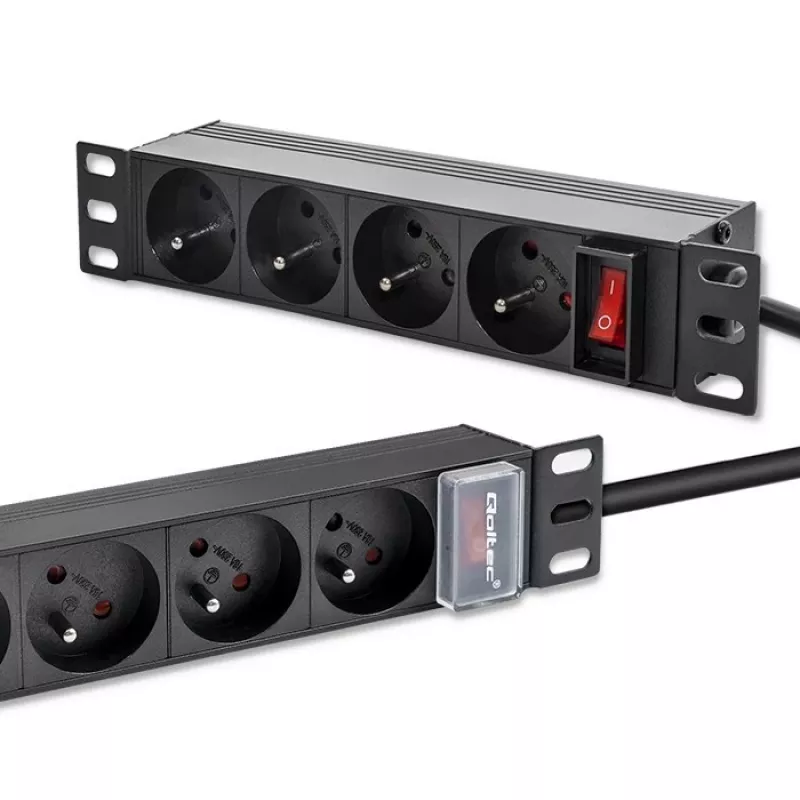 Qoltec Aluminiowa PDU do szafy RACK 10'' | 1U | 16A | 4xFRENCH | 1,8m
