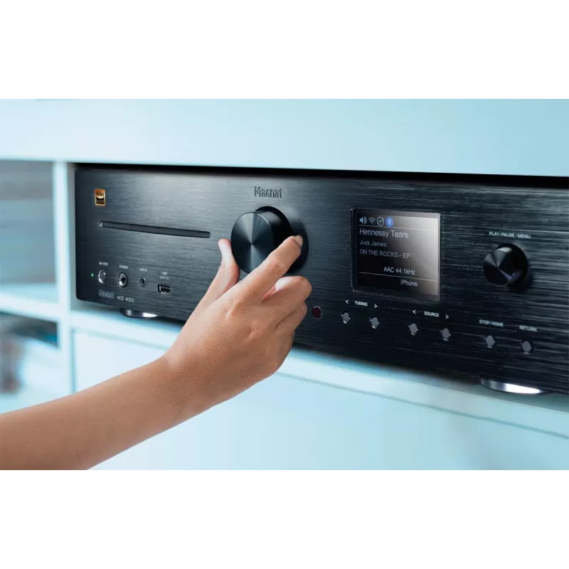 Odbiornik stereo Magnat MC 400 — 2.0 kanałów, 40 W na kanał, odtwarzacz CD, Wi‑Fi, Bluetooth, DAB/FM, Ethernet (czarny)