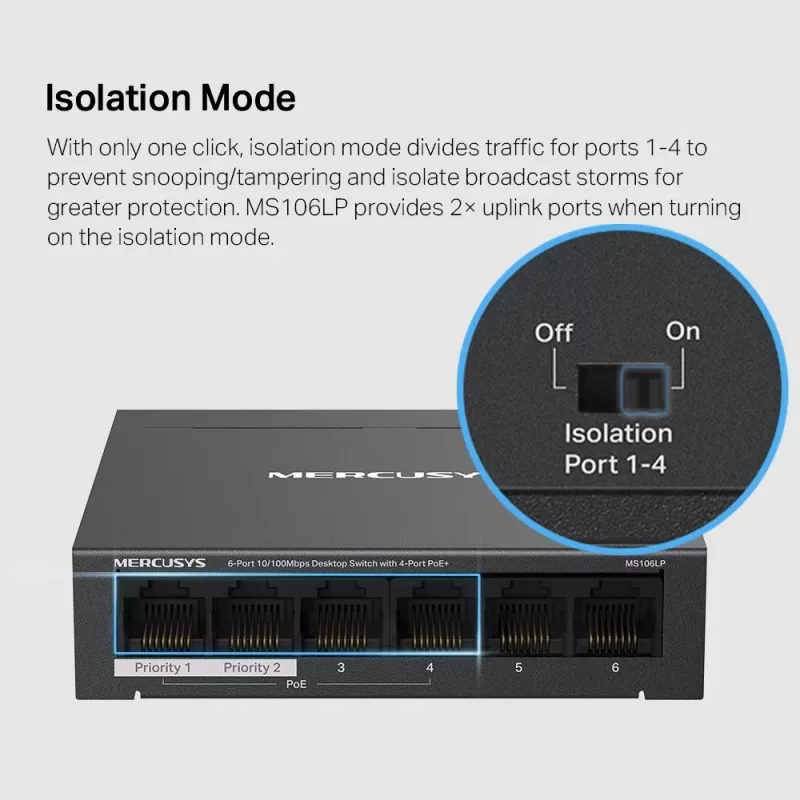 Mercusys 6-portowy przełącznik biurkowy 10/100Mbps z 4 portami PoE+