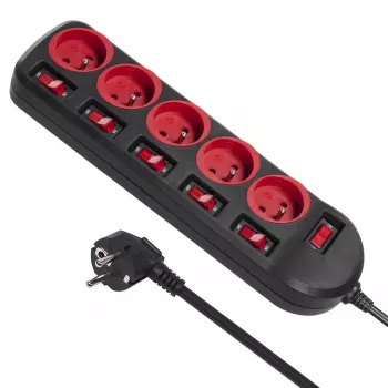 Listwa zasilająca MACLEAN MCE204, kabel 1,5 m, 5 gniazd AC, do użytku wewnętrznego, czarna/czerwona