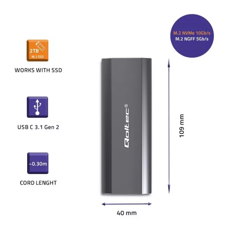 Obudowa | kieszeñ NV2271 na dysk M.2 SSD | SATA | NVMe | USB-C | 2TB