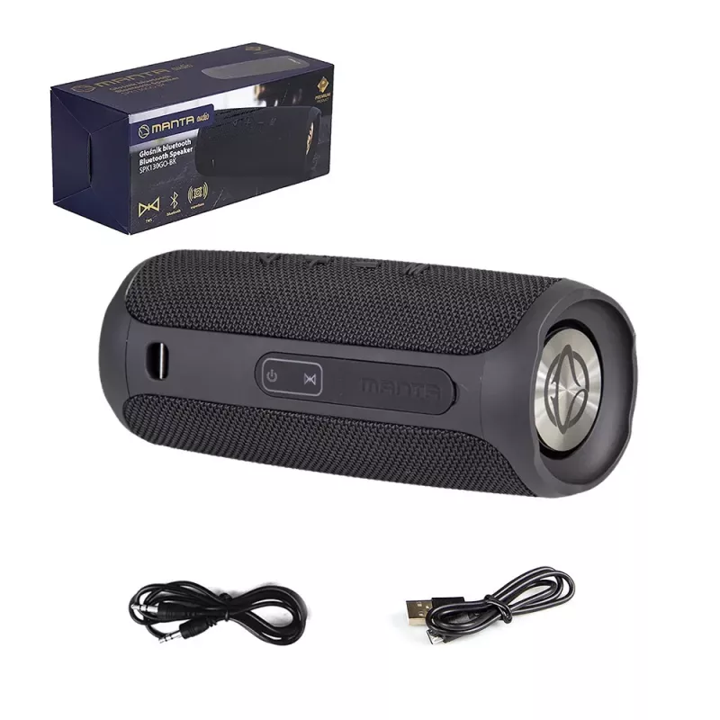 Głośnik przenośny MANTA SPK130GO BT — Bluetooth 5.0, TWS, FM, 10W RMS, akumulatorowy (czarny, 8×8×19 cm)