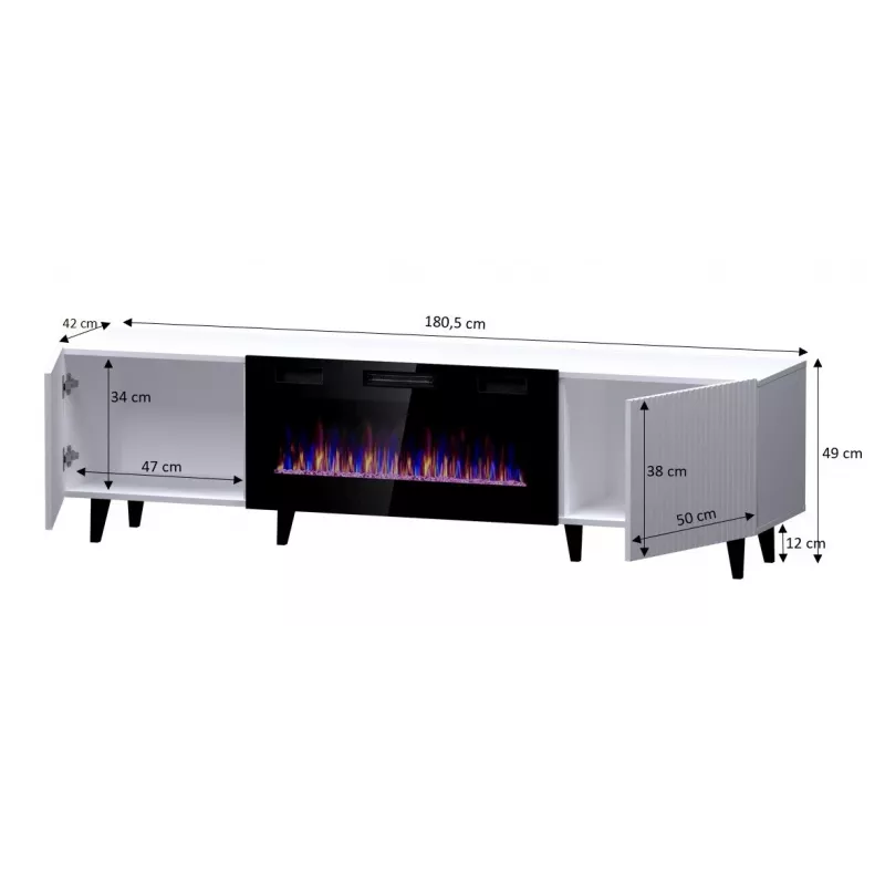Szafka RTV Cama Meble PAFOS EF z kominkiem elektrycznym 180×42×49 cm, biały mat