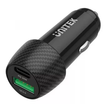 Ładowarka samochodowa Unitek P1400A z USB-C i USB-A, 38W, Quick Charge 3.0, wejście 12–24V, czarna