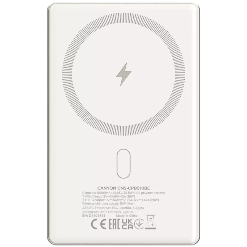 Canyon OnCharge 510 - Powerbank - 10.000 mAh - wejście USB-C - wyjście USB-C PD 20W + ładowanie bezprzewodowe MagSafe