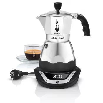 Elektryczny ekspres moka BIALETTI na 3 filiżanki Moka Timer, programowalny wyświetlacz LED, aluminiowa obudowa, zbiornik dzbanka