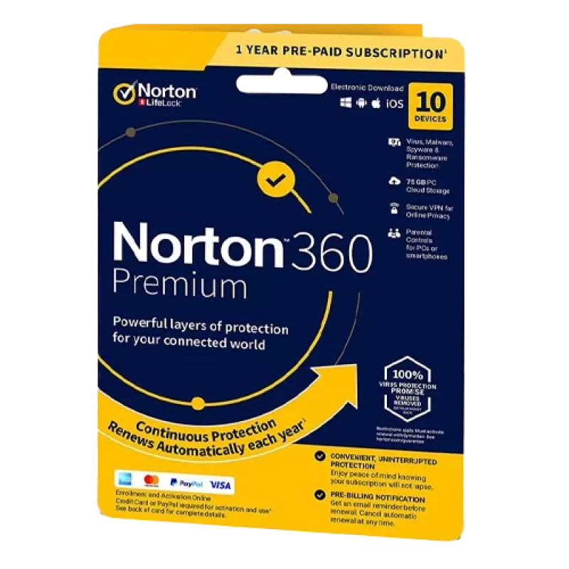 Norton 360 Premium | 10 urządzeń | 1 rok | 75 GB pamięci w chmurze | UE | NIEODNOWIENIE SUB