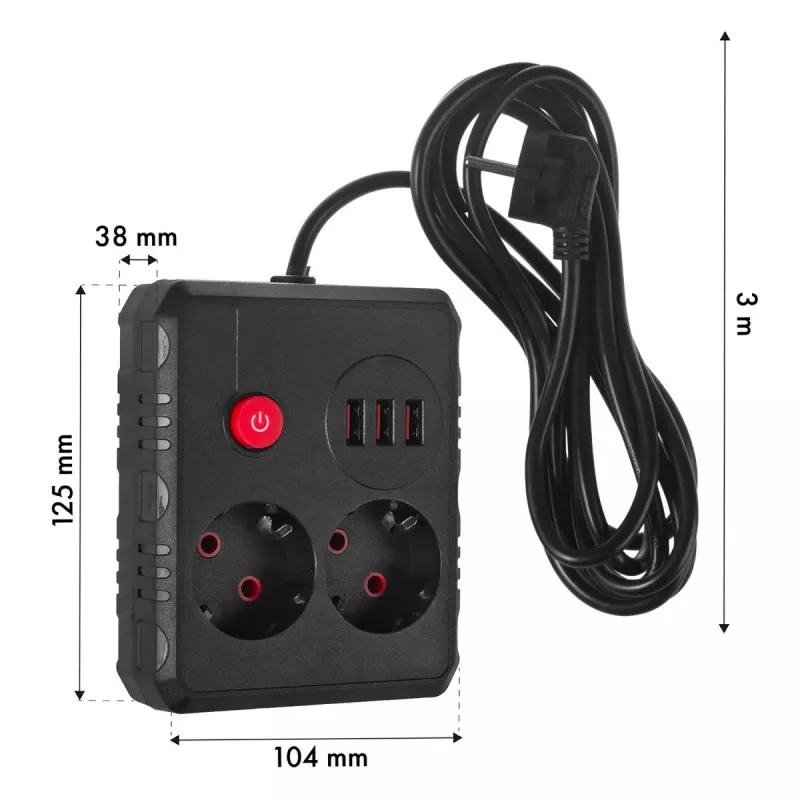 Listwa zasilająca MACLEAN MCE388 B — 2 gniazda AC, 3×USB A, 110–120V 50/60Hz, 2500W, kabel 3 m, czarny