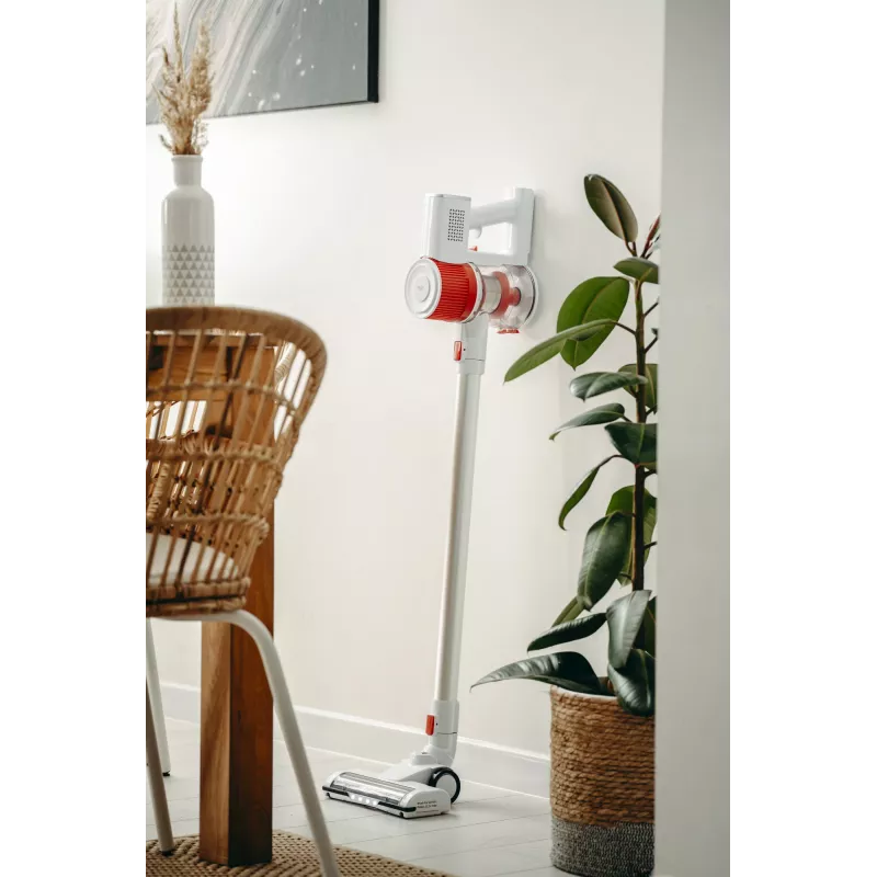 Odkurzacz bezprzewodowy Adler AD 7051 — 300 W max, akumulator 22.2 V, bezworkowy 0.6 L, rura ze stali nierdzewnej, EPA F8, oświetlenie LED, biało-czerwony