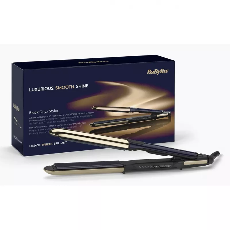 Prostownica do włosów BABYLISS ST484E — Płytki ceramiczne, technologia Warm, 230V, przewód 3,3 m, czarno-złota