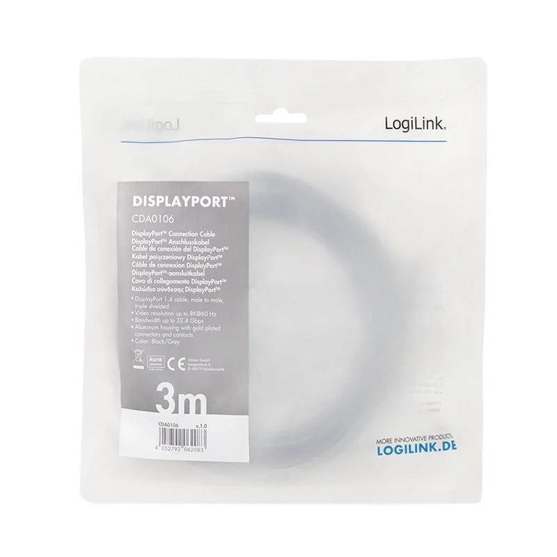 LogiLink CDA0106 Kabel DisplayPort Czarny Szary 3 M