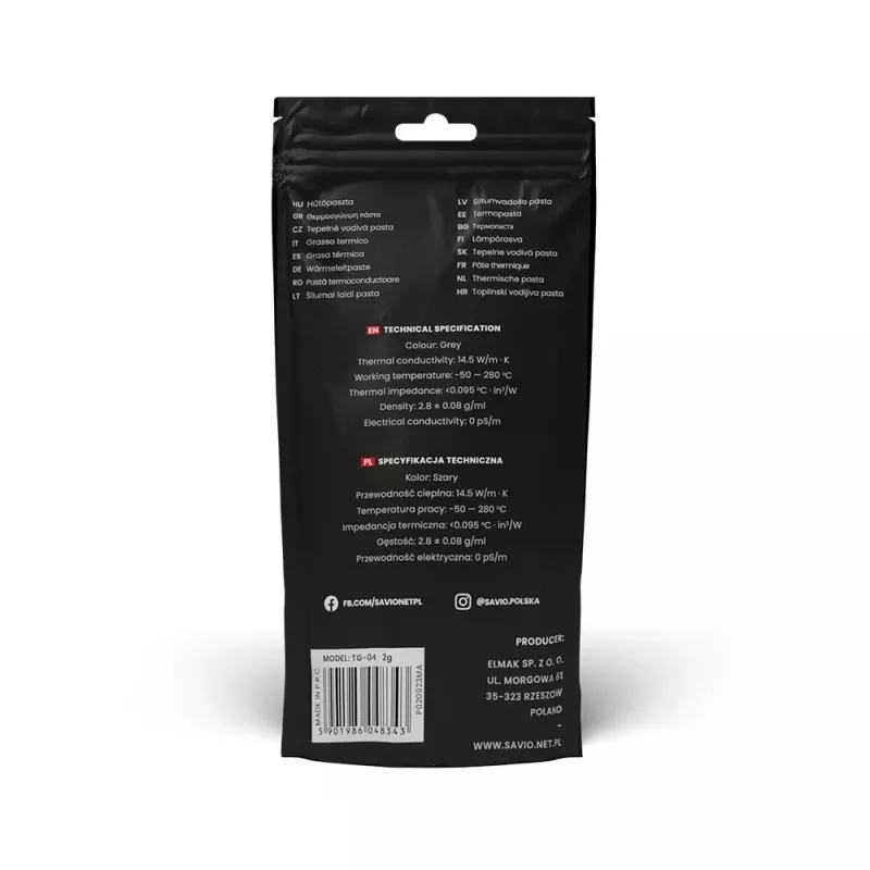 Pasta termoprzewodząca SAVIO TG-04 2g — wysokowydajna pasta termiczna do CPU/GPU, gęstość 2,81 g/cm³, szara, 2 g