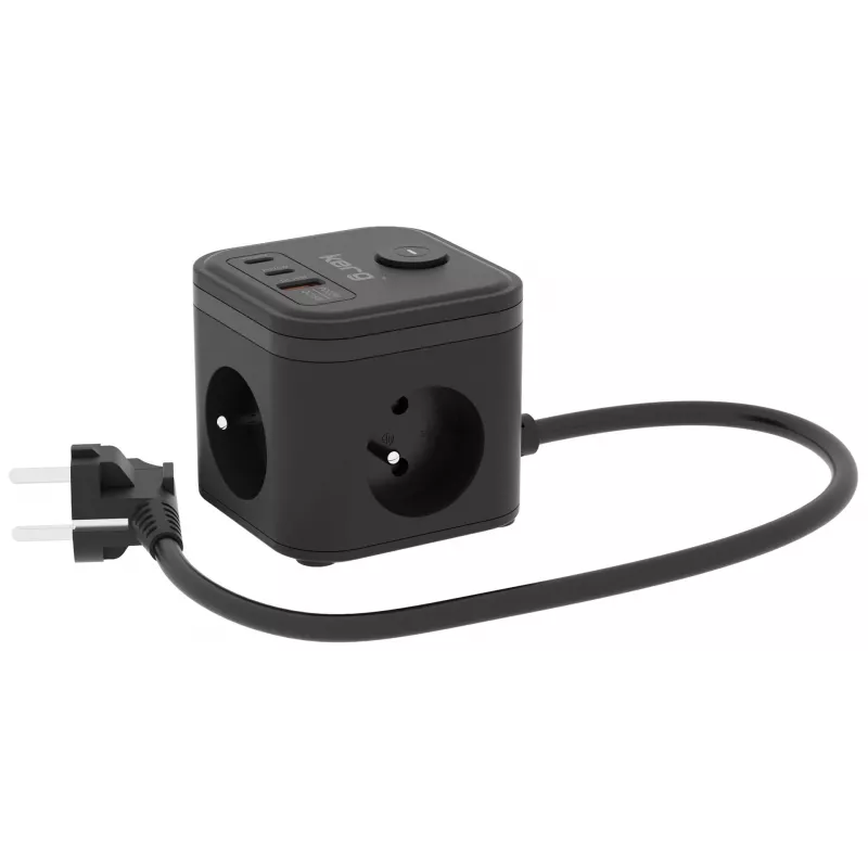 Listwa zasilająca Kerg SMART – 3 gniazda AC typu F z 3 portami USB (2×A + 1×C), kabel 1,5 m, 16 A 230 V, czarna