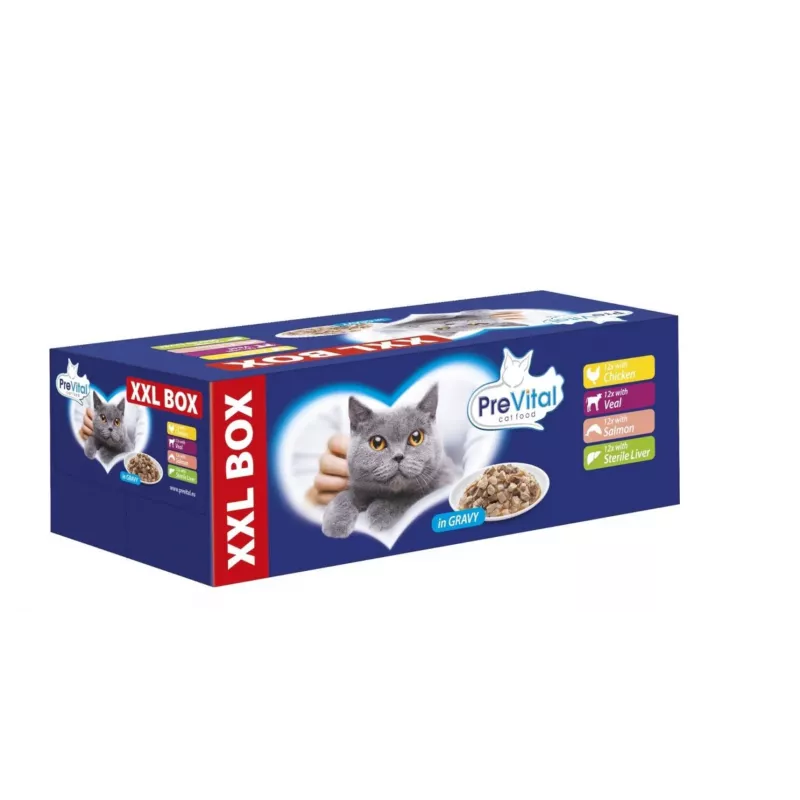 PREVITAL XXL BOX Mieszanka smaków z kurczakiem, cielęciną, łososiem i wątróbką w sosie - mokra karma dla kota - 48 x 100g
