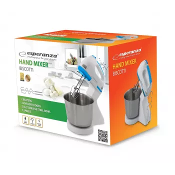 Mikser stojący ESPERANZA EKM019WB — 150 W, misa 2,5 L, 7 prędkości, haki do ciasta, podwójna trzepaczka, biały