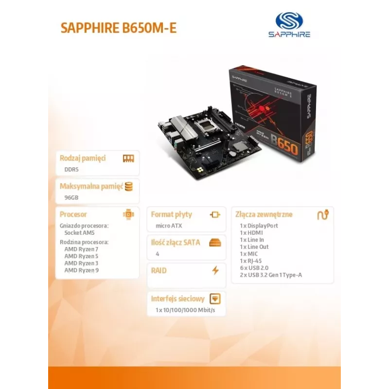 Płyta główna Sapphire B650M-E (AMD B650) micro ATX, Socket AM5, DDR5, 2x DIMM, 96 GB, 2x M.2 (PCIe5/4), 4x SATA III, 2.5Gb LAN