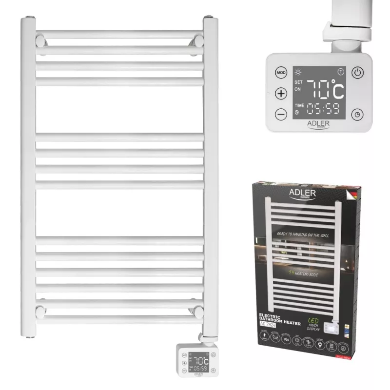Elektryczny grzejnik łazienkowy Adler AD 7824 600 W, biały, IP24, do montażu na ścianie, 500×900 mm