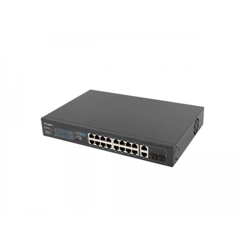 Niezarządzalny przełącznik LANBERG RSFE-16P-2C-250 — 18-portowy Gigabit, 16x PoE+ (30W), 2x SFP, 250W, 1U, metal, montaż w szafie