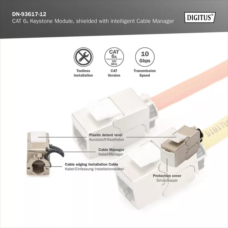 Moduł Keystone DIGITUS CAT 6A ekranowany z inteligentnym zarządcą kabla, płaski RJ-45, 14,5×34,5×21 mm — 12 szt.