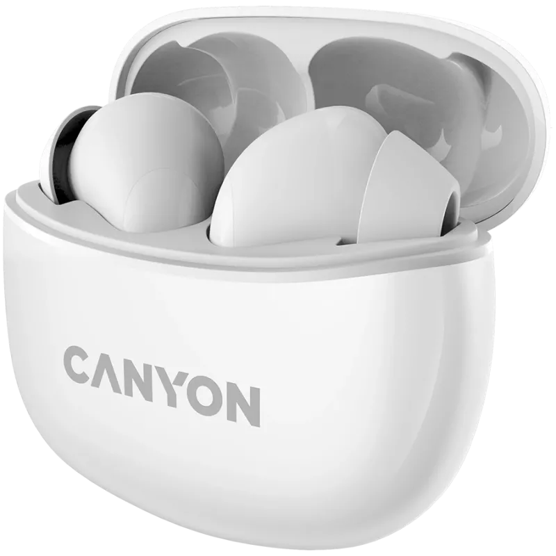 Słuchawki Bluetooth Canyon TWS-5, z mikrofonem, BT V5.3 JL 6983D4, pasmo przenoszenia: 20Hz-20kHz, bateria słuchawek 40mAh*2 + etui ładujące 500mAh, USB-C