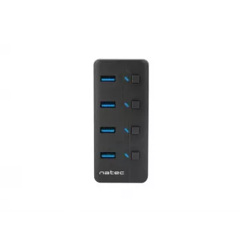 Hub USB NATEC MANTIS USB 2.0 Type-B — 4x porty USB 3.2 Gen 1 Type-A, czarny, kabel 0,8 m, zasilacz sieciowy, wyłącznik zasilania
