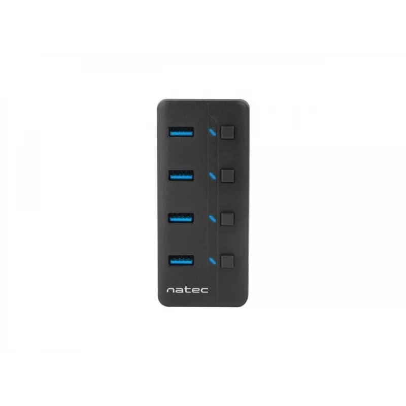 Hub USB NATEC MANTIS USB 2.0 Type-B — 4x porty USB 3.2 Gen 1 Type-A, czarny, kabel 0,8 m, zasilacz sieciowy, wyłącznik zasilania