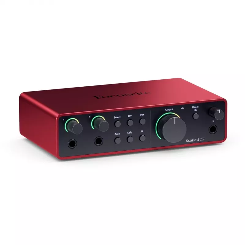 Interfejs audio Focusrite Scarlett 2i2 4. generacji — 2-we/2-wy USB-C, 24-bit/192 kHz, przedwzmacniacze 69 dB, desktop, czarny/czerwony