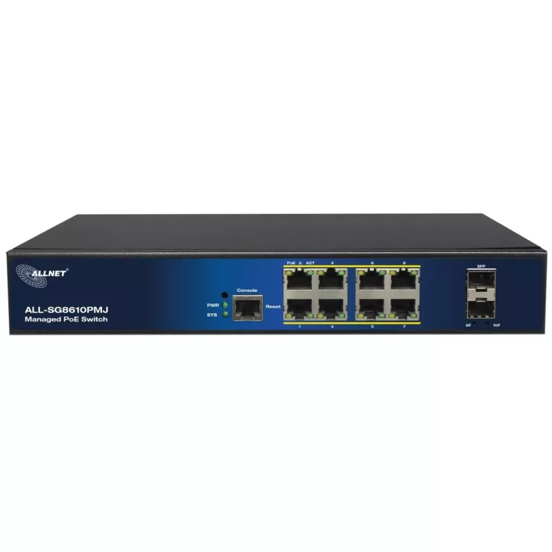 Zarządzalny 10-portowy przełącznik PoE ALLNET ALL-SG8610PMJ z 8 portami PoE+ i 2 portami uplink