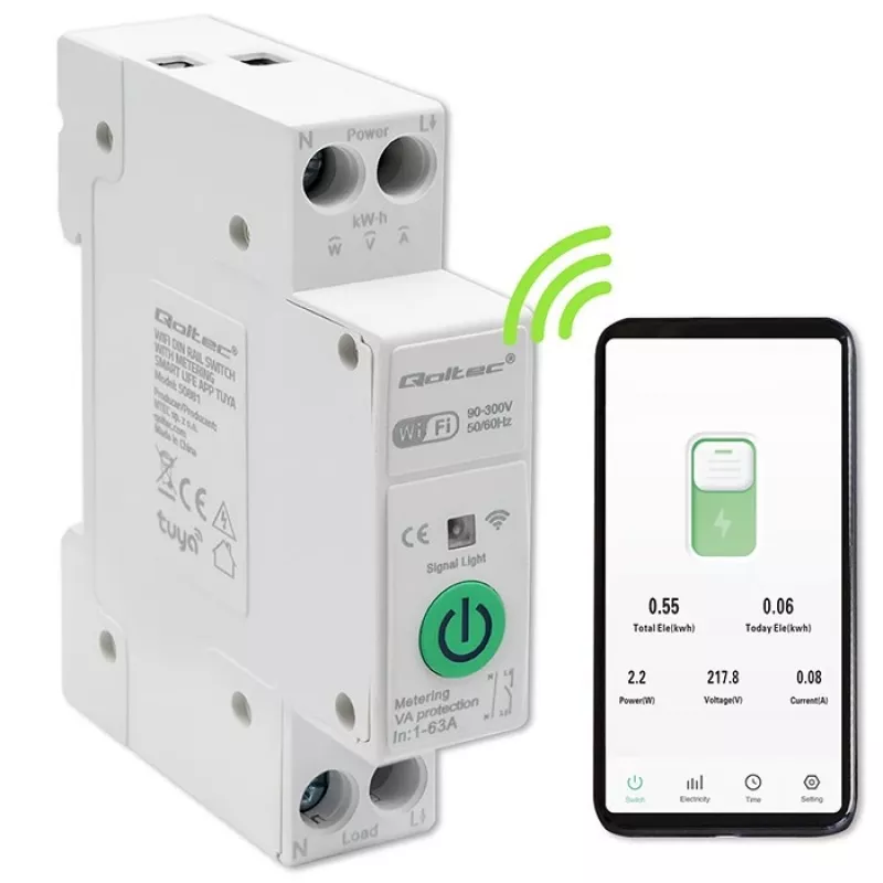 Przekaźnik WiFi na szynę DIN QOLTEC 50881 — przekaźnik przełączający zasilanie sieciowe 63A do instalacji elektrycznych