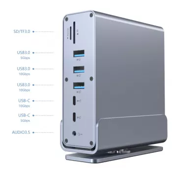 Gembird 15-w-1 wieloportowy adapter USB Type-C A-CF-COMBO15-01 — USB 3.2 Gen 2, 4× Type-C, 2× HDMI, DisplayPort, PD 3.0, czytnik kart SD, Gigabit LAN, audio 3,5 mm, szary