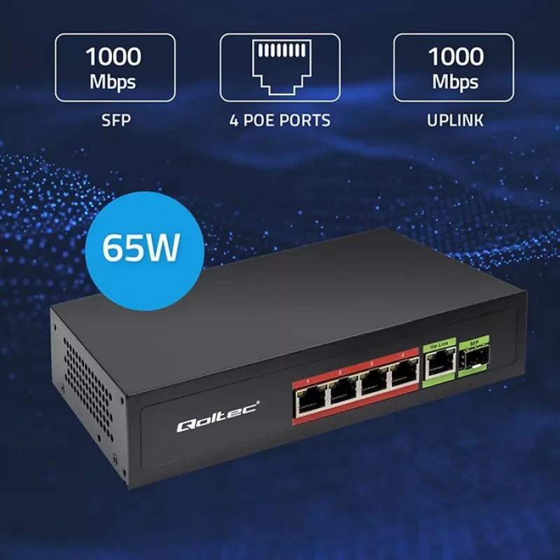 Przełącznik Ethernet PoE QOLTEC 52296 — 4 porty RJ45 PoE, 1 port uplink RJ45