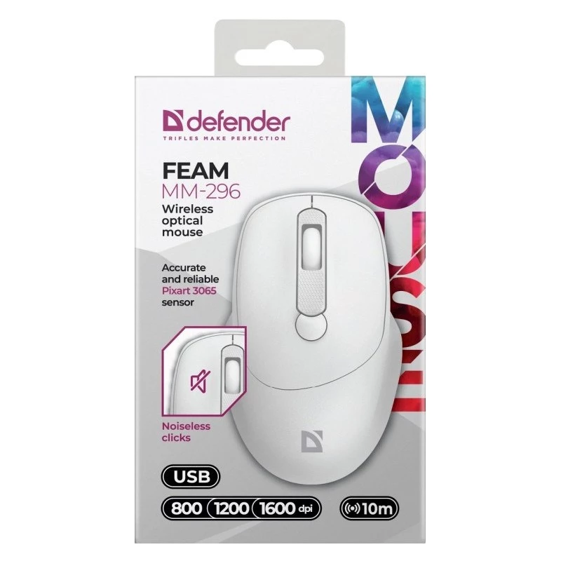 Mysz bezprzewodowa DEFENDER 52297 Silent Click — symetryczna, 2.4 GHz nano USB, 1600 DPI, biała
