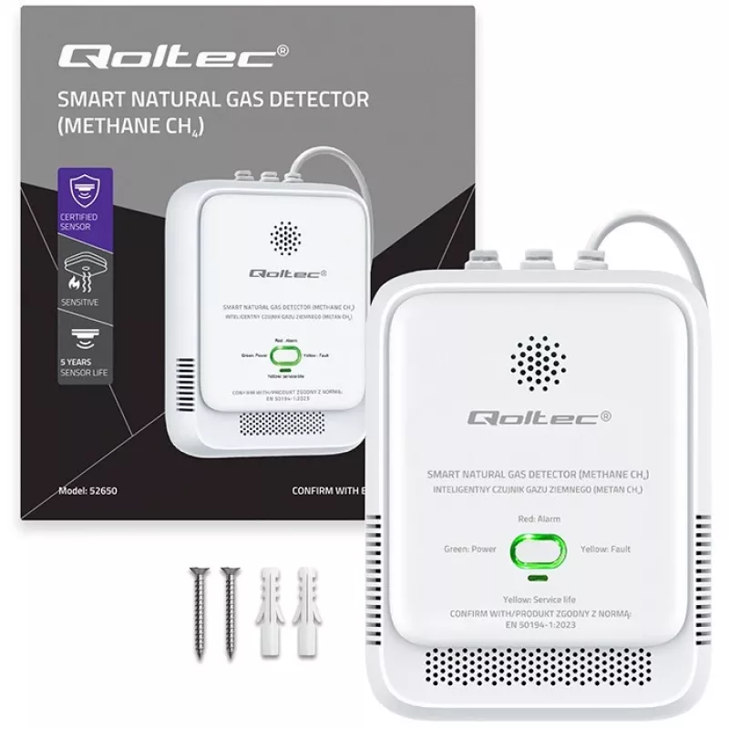 Czujnik wycieku gazu QOLTEC NG 85dB LE – detektor gazu ziemnego (CH4), alarm dźwiękowy 85 dB