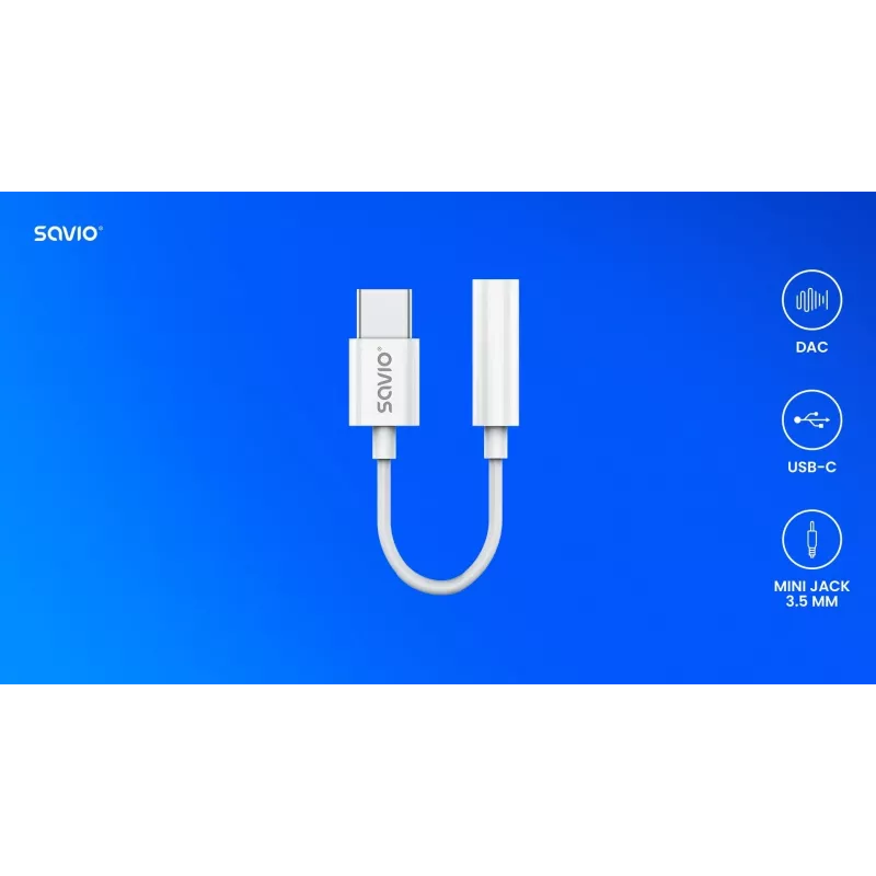 Adapter audio USB Type 3.1 C (M) – Jack 3,5mm (F) Biały SAVIO AK-52