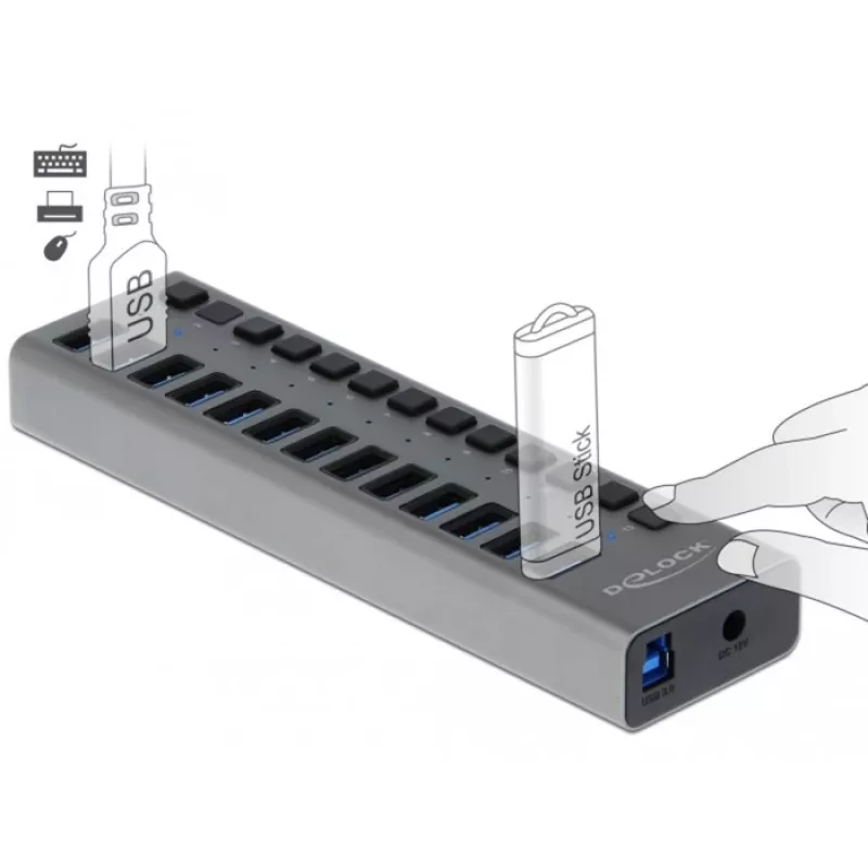 DeLOCK Zewnętrzny Hub USB 5 Gbps z 13 portami + przełącznik, USB 3.2 Gen 1 (3.1 Gen 1) Type-B, USB 3.2 Gen 1 (3.1 Gen 1) Type-A, 5000 Mbit/s, Szary, Aluminium, 1 m