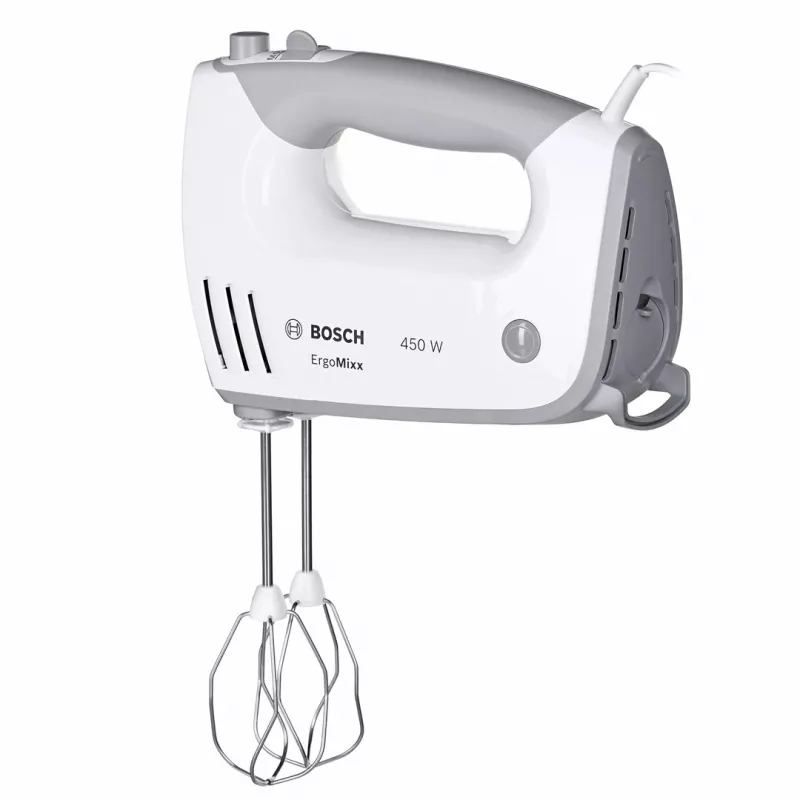 Mikser ręczny Bosch MFQ36480 – 450 W, 5 prędkości z turbo, szaro-biały, trzepaczki i haki do ciasta