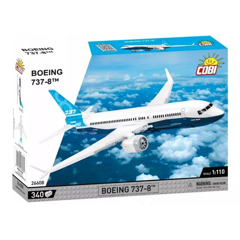 Zestaw konstrukcyjny Cobi Boeing 737-8 — 340 elementów, zalecany wiek 7+, niebieski i biały