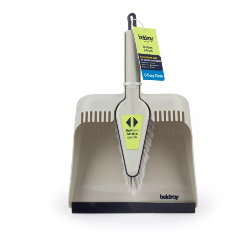 Zestaw szufelka i szczotka Beldray LA032760PEU7 Deep Clean Design, kompaktowa ręczna miotła z kątowym włosiem i dopasowaną szufelką