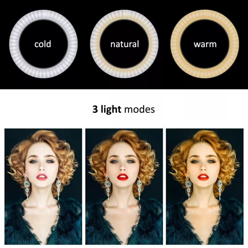 Maclean MCE610 10 12W LED Ring Light z statywem i Bluetooth spustem 3 kolory 10 poziomów jasności 10% -100% Regulowana jasność 160 LED Uchwyt na smartfon oświetlenie