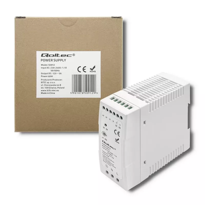 Zasilacz na szynę DIN Qoltec | 60 W | 12 V | 5 A | Biały | cienki