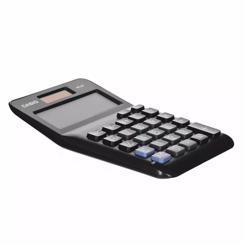Podstawowy kalkulator biurkowy CASIO MS-8F – 8-cyfrowy, bateria/słoneczny, 26 klawiszy, funkcje walutowe i podatkowe, obliczanie zysku, czarny