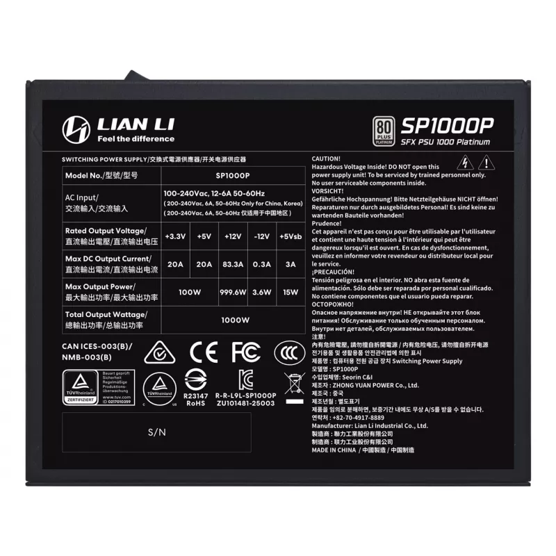 Zasilacz Lian Li SP Series Platinum SFX w pełni modułowy PCIe 5.1 ATX 3.1 1000W