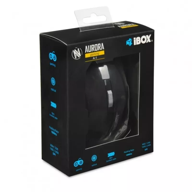 Przewodowa mysz optyczna IBOX Aurora A-1 — praworęczna, 6 przycisków, 2400 DPI, USB Type-A, podświetlenie LED, przewód 1,8 m