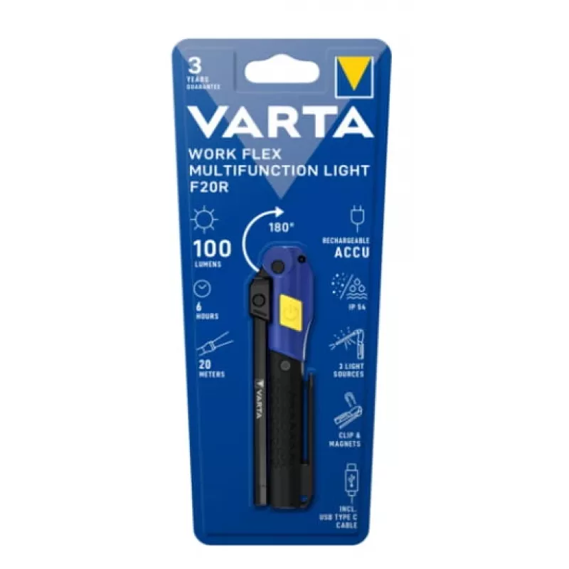 Ręczna lampa robocza Varta Work Flex Czarna LED, 100 lm, wbudowana bateria, 6 h, aluminium/nylon/PC/guma, 120 mm