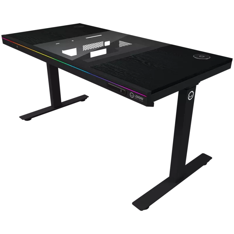 Biurko gamingowe z regulacją wysokości typu sit/stand z dwoma silnikami, wbudowaną obudową PC, ładowarką bezprzewodową, podświetleniem RGB, panelem sterowania i portami USB, blat z melaminy PB, czarny.