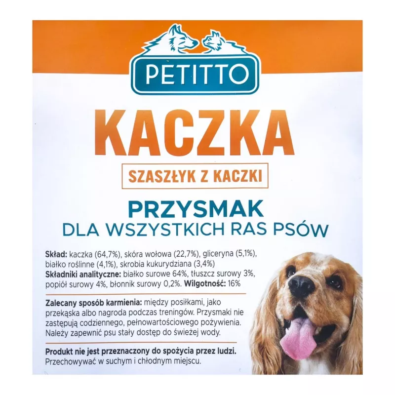 Przysmaki dla psa PETITTO Duck Kebab 500 g — miękkie kąski treningowe o smaku kaczki, 64% białka, 3% tłuszczu, bez glutenu i cukru