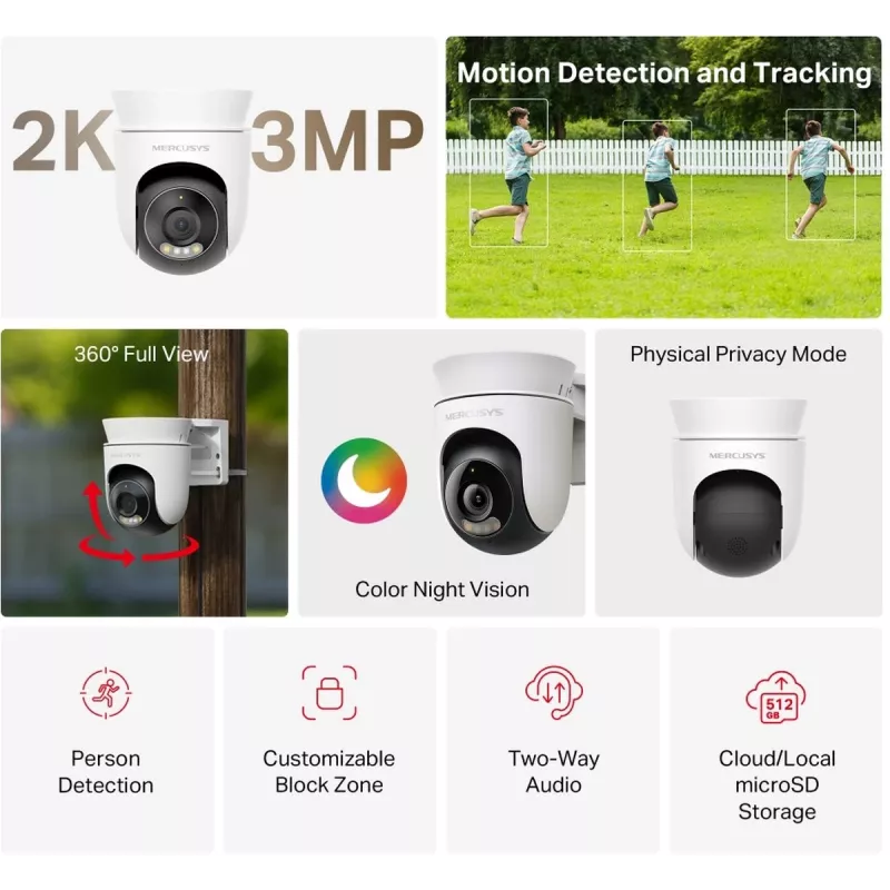 Kamera bezpieczeństwa IP MERCUSYS MC510 kopułkowa 2 MP, 2304×1296, 30 fps, Wi‑Fi & Ethernet, noktowizja IR, montaż sufitowy, biała